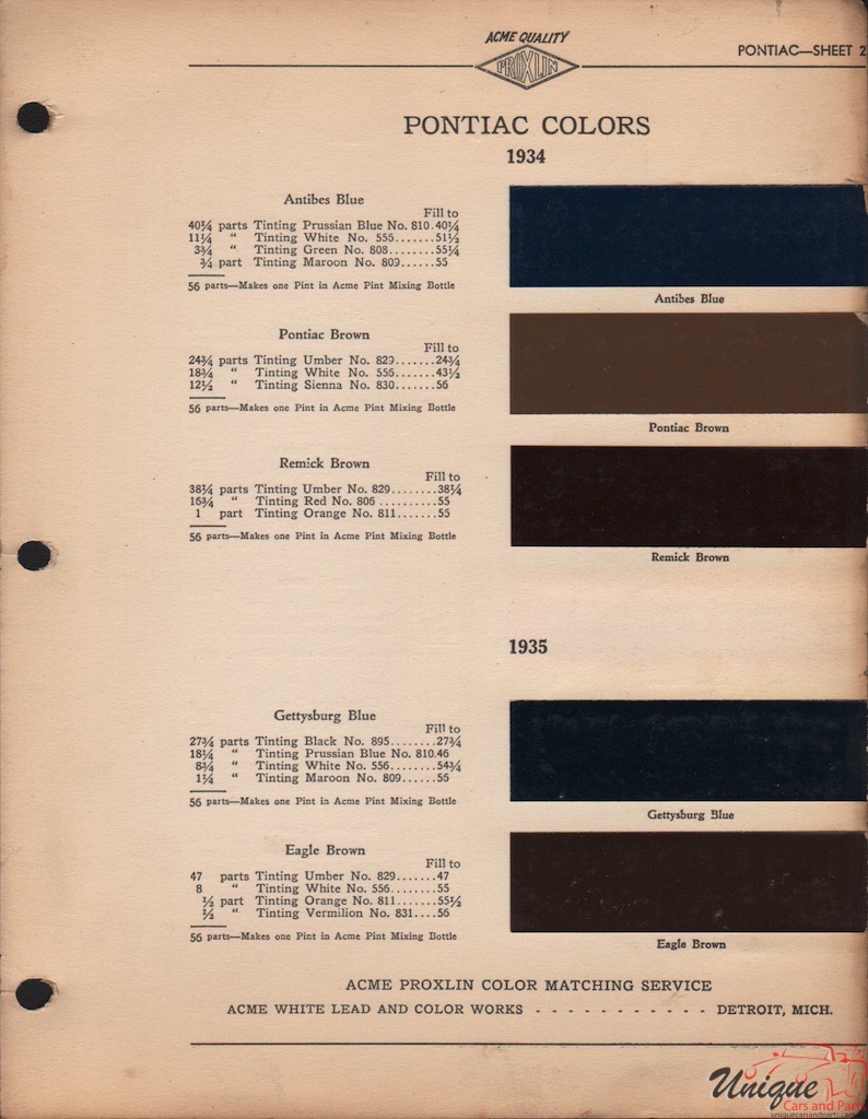 1934 Pontiac Paint Charts Acme 1